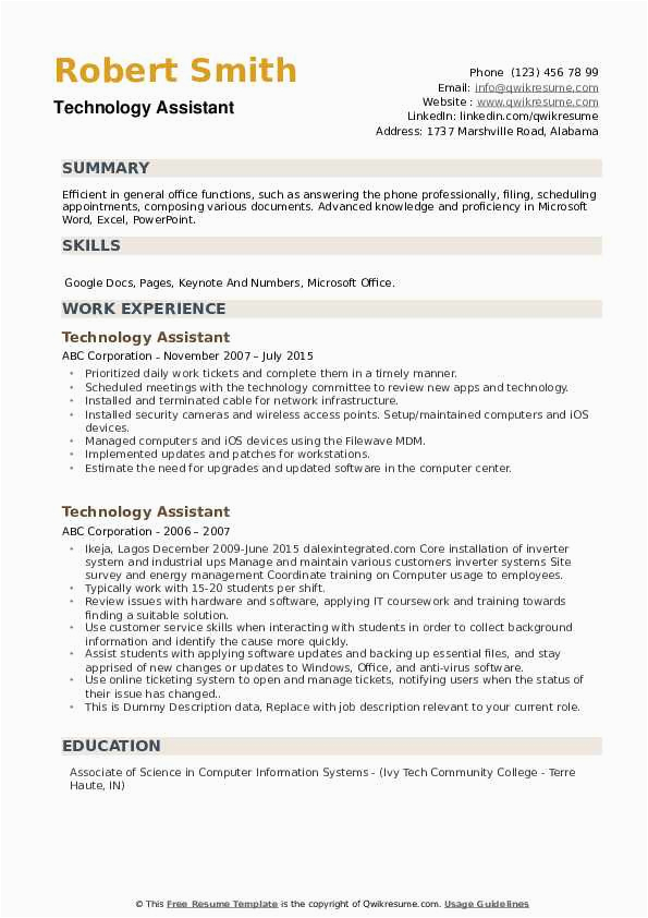 Sample Resume for associates Degree In Information Technology Technology assistant Resume Samples