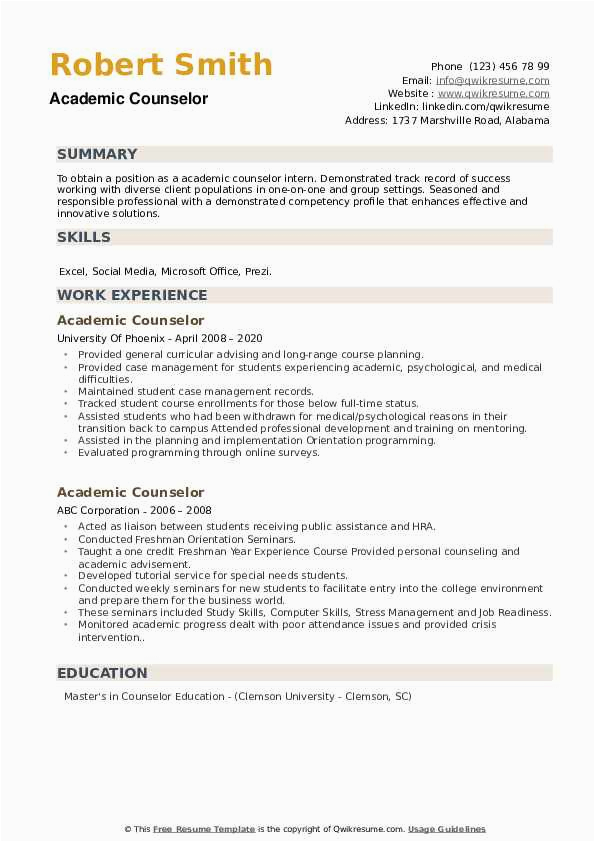 Sample Resume for College Counselor Position Academic Counselor Resume Samples