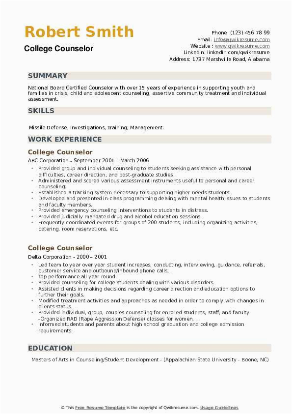 Sample Resume for College Counselor Position College Counselor Resume Samples