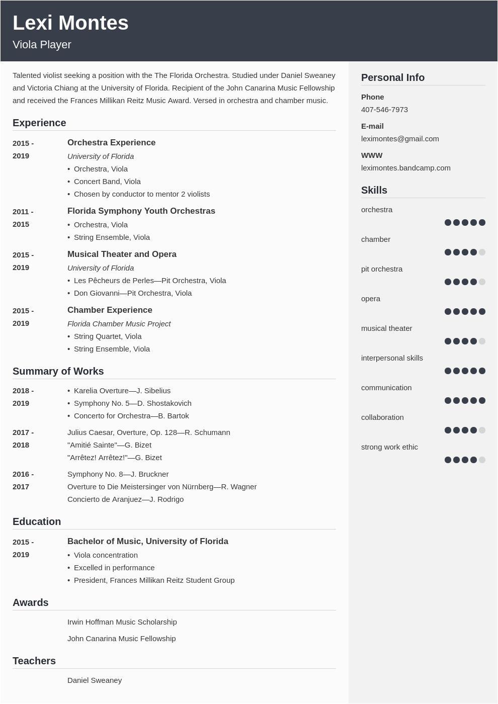 Sample Resume for College Music Application Music Resume Examples for Musicians & College Application