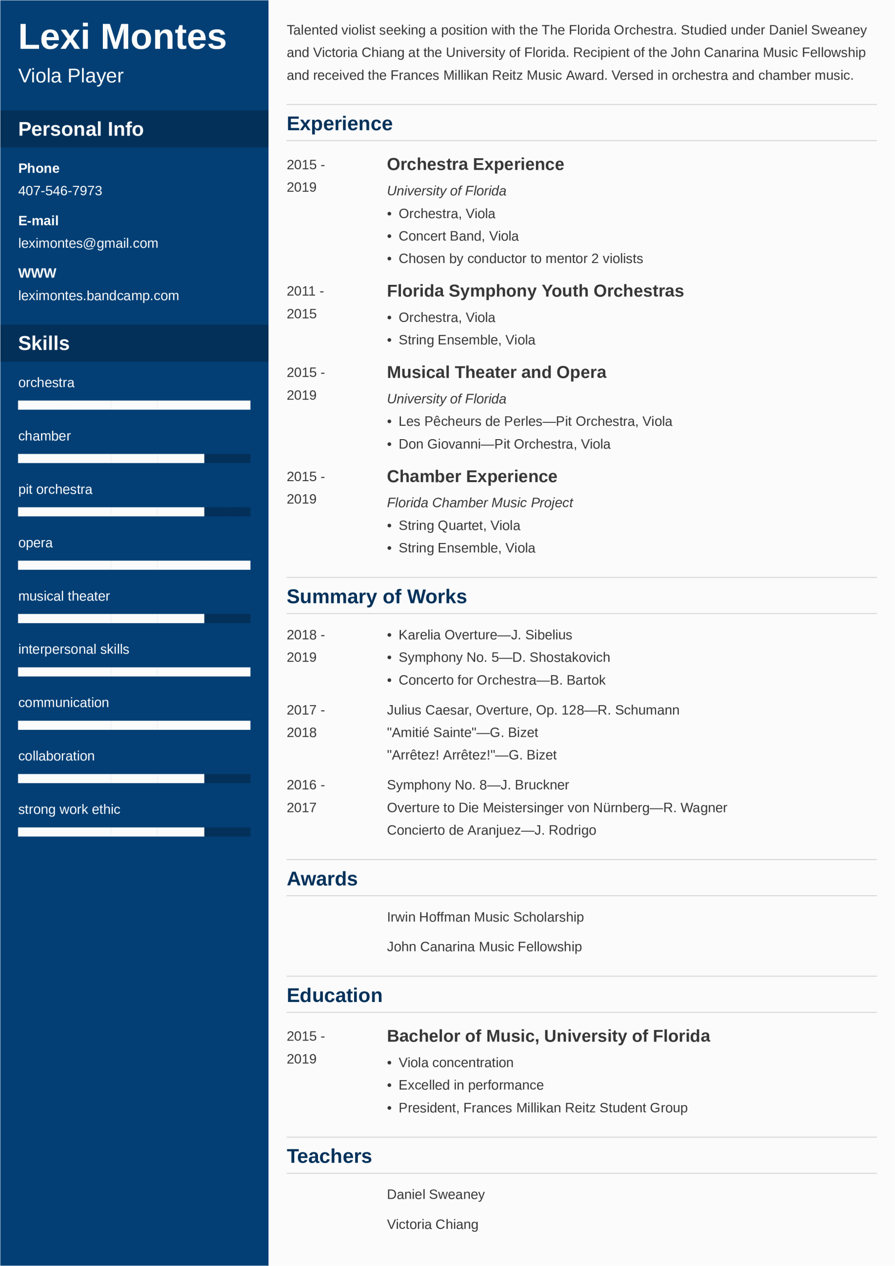 Sample Resume for College Music Application Music Resume