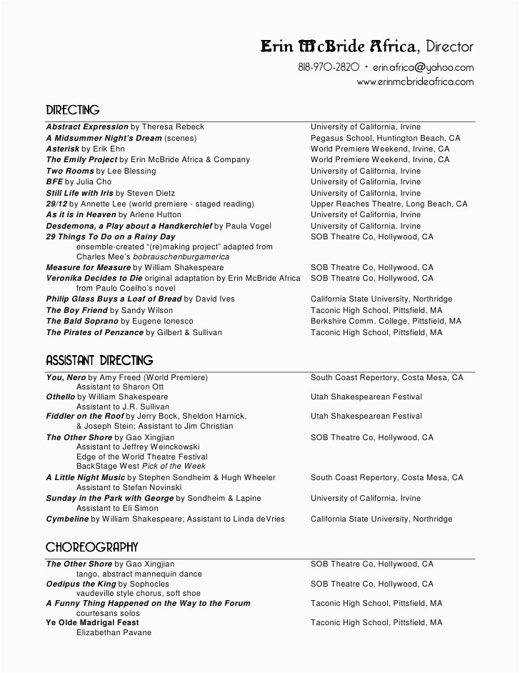Sample Resume for College Musical theater Music Resume Template for College