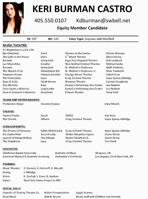 Sample Resume for College Musical theater Musical theatre Resume Examples