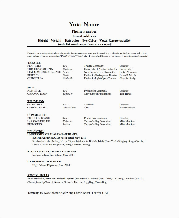 Sample Resume for College Musical theater theater Resume Template 8 Free Word Pdf Documents Download
