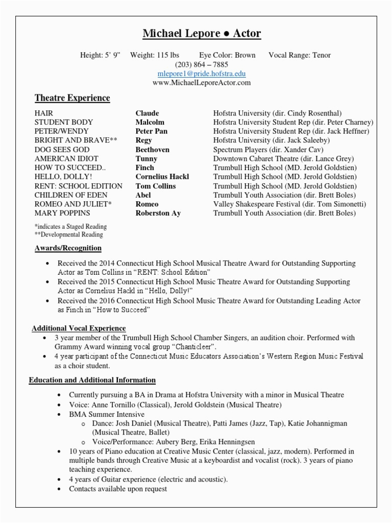 Sample Resume for College Musical theater theatre Resume Musical theatre