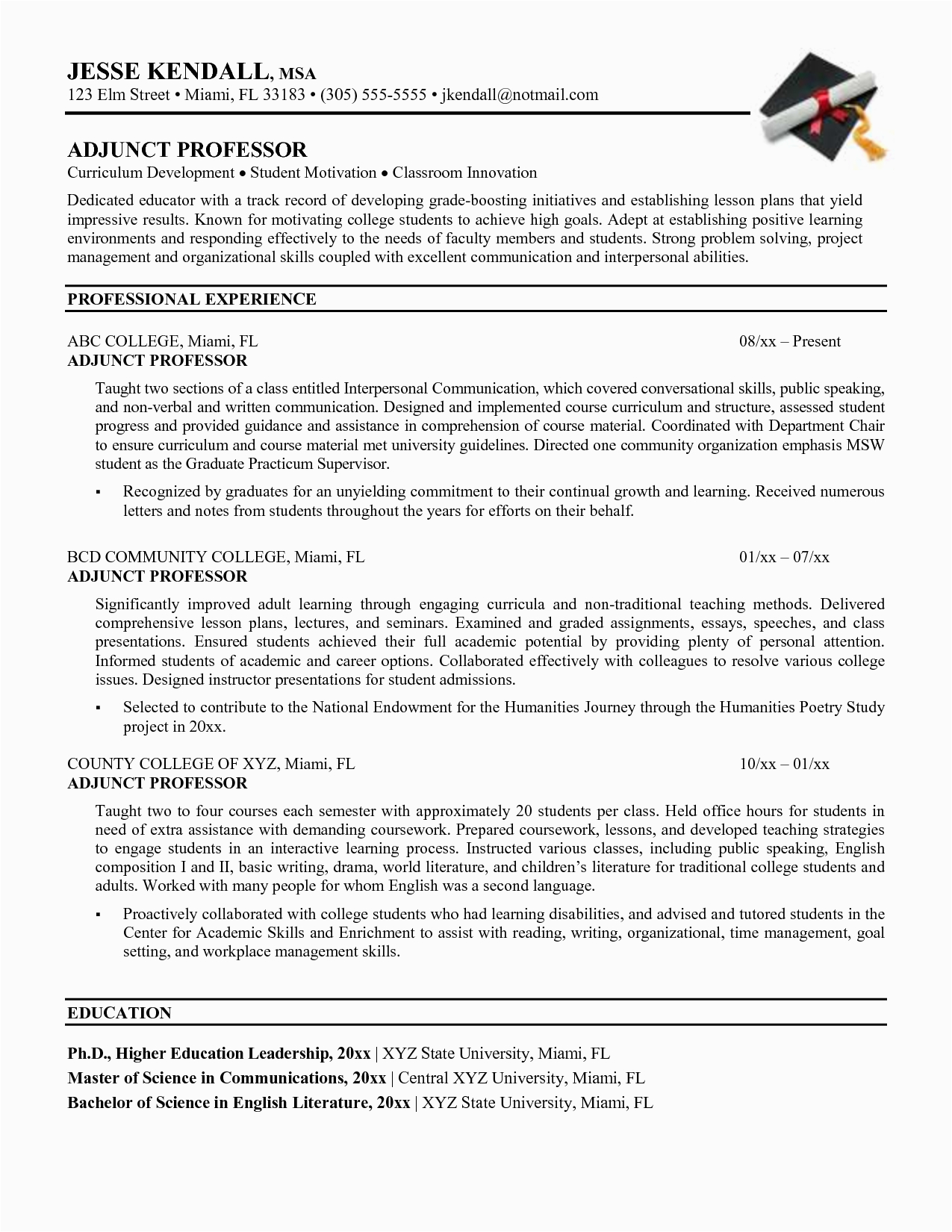 Sample Resume for College Professor Position Adjunct Professor Resume Best Template Collection
