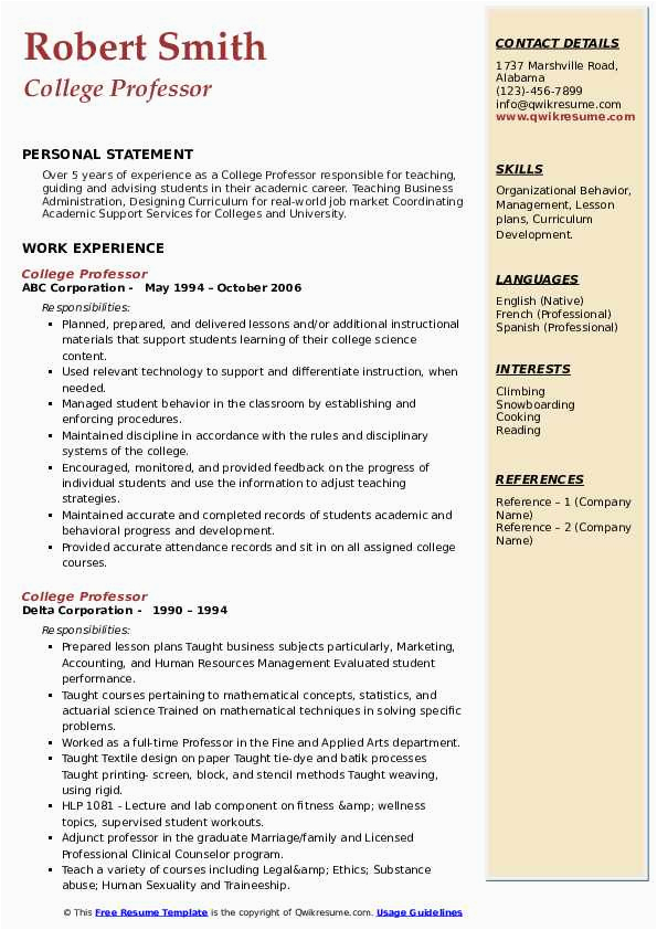 Sample Resume for College Professor Position College Professor Resume Samples