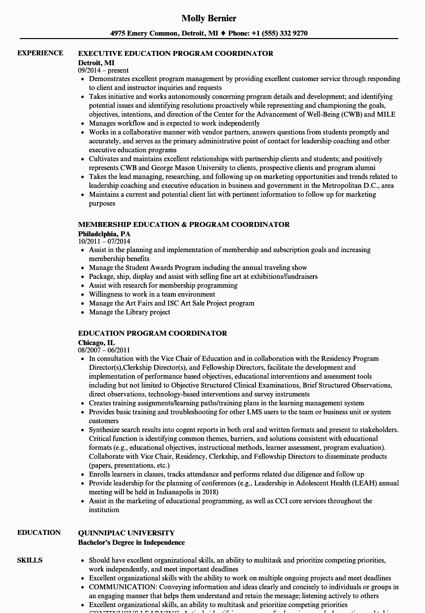 Sample Resume for College Program Coordinator Education Program Coordinator Resume Samples