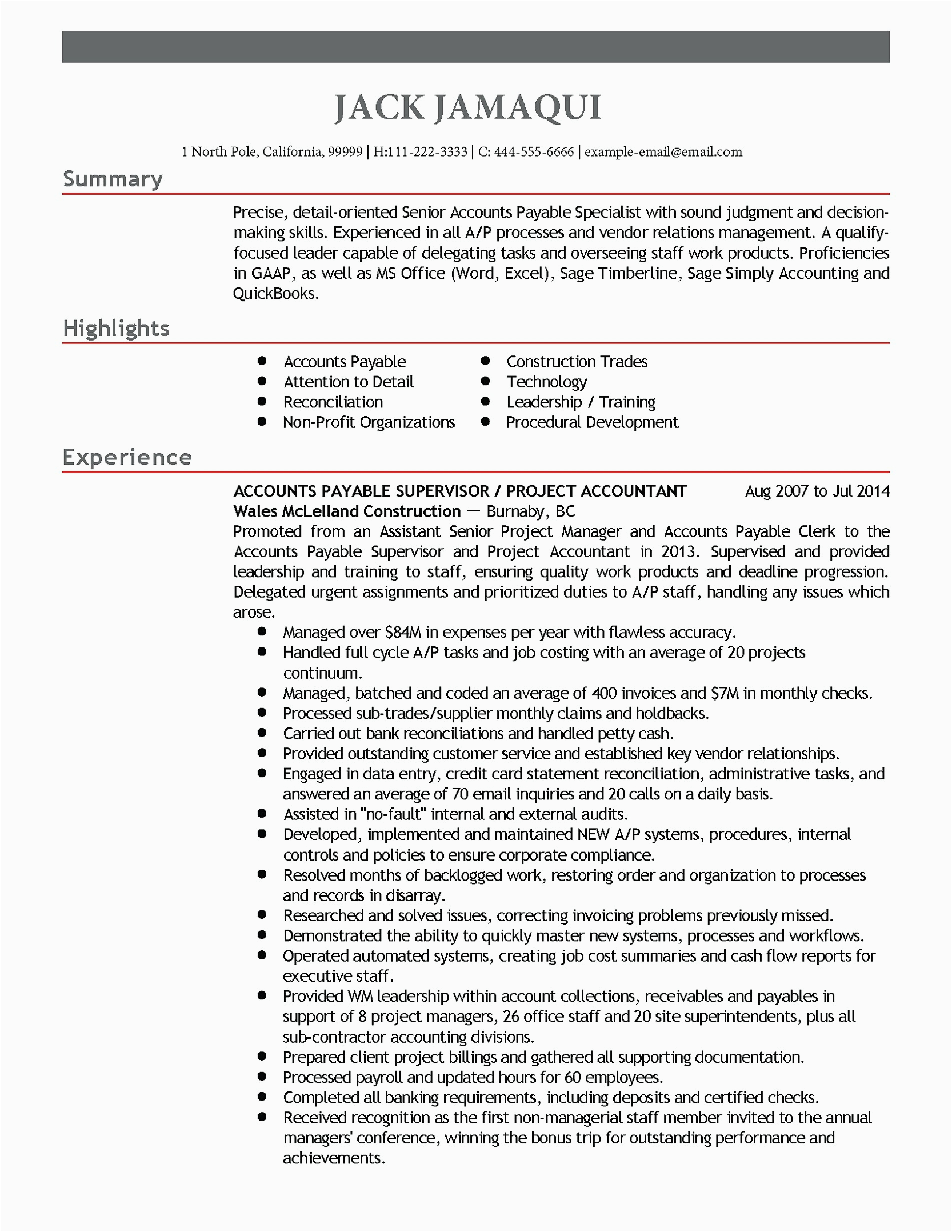 Sample Resume for Entry Level Accounts Payable Accounts Payable Manager Resume