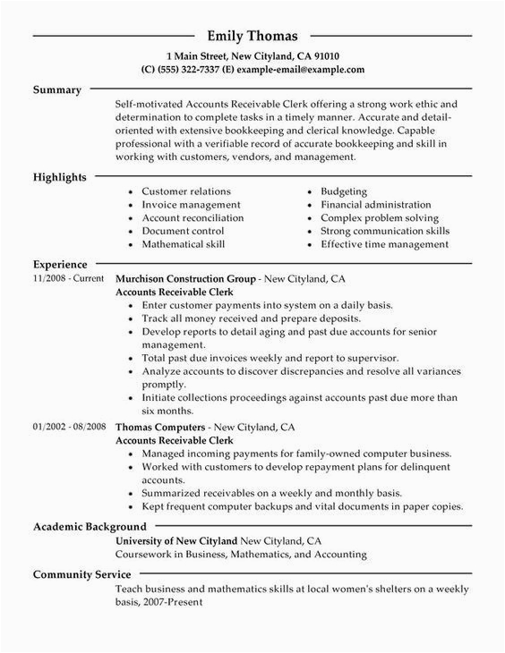 Sample Resume for Entry Level Accounts Payable Accounts Receivable Clerk Resume Sample