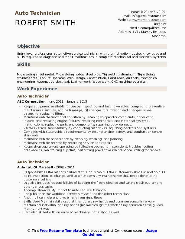 Sample Resume for Entry Level Automotive Technician Automotive Technician Resume Template Free Resume Templates