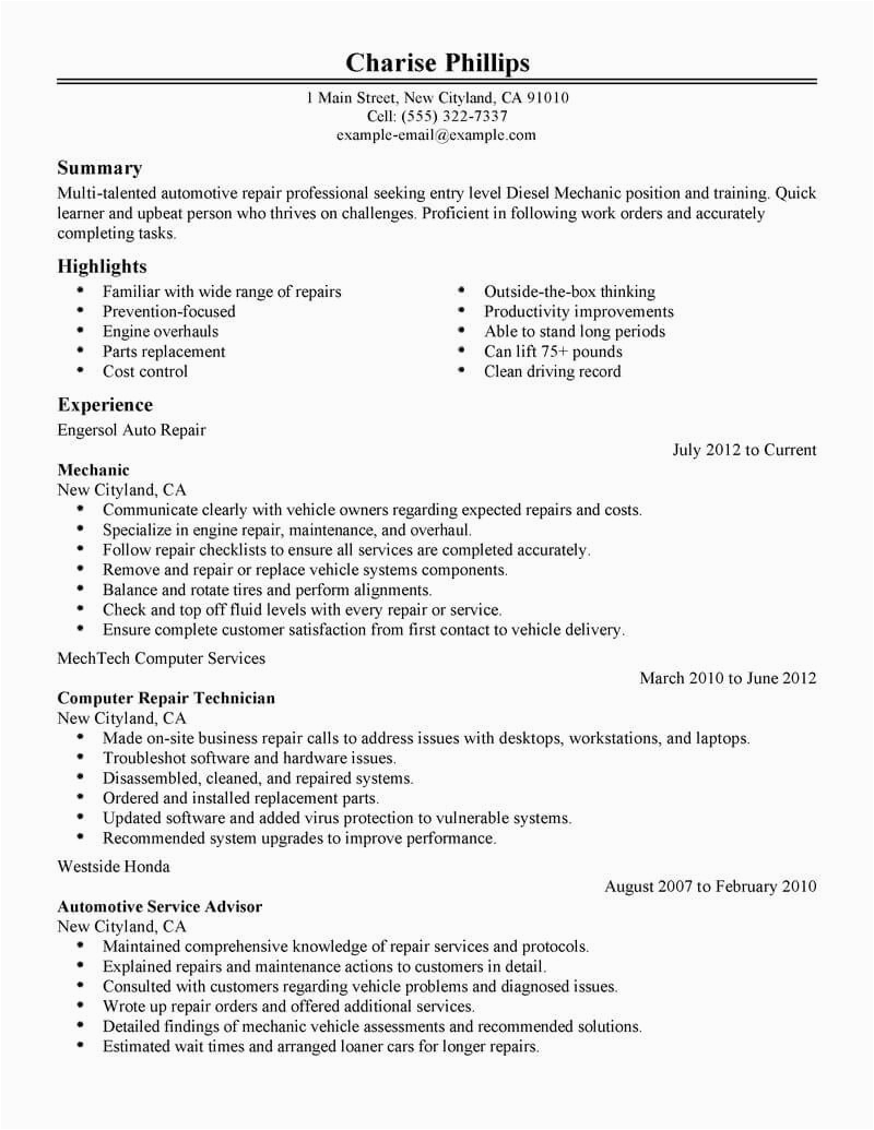 Sample Resume for Entry Level Automotive Technician Best Entry Level Mechanic Resume Example From Professional Resume