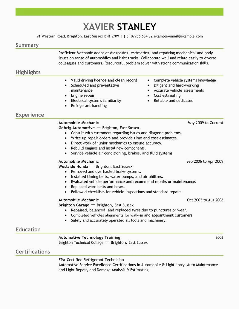Sample Resume for Entry Level Automotive Technician Best Mechanic Resume Example Livecareer
