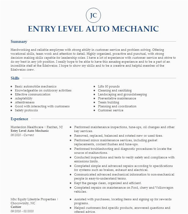 Sample Resume for Entry Level Automotive Technician Entry Level Mechanic Resume Example Titan Equipment Spring Lake Michigan