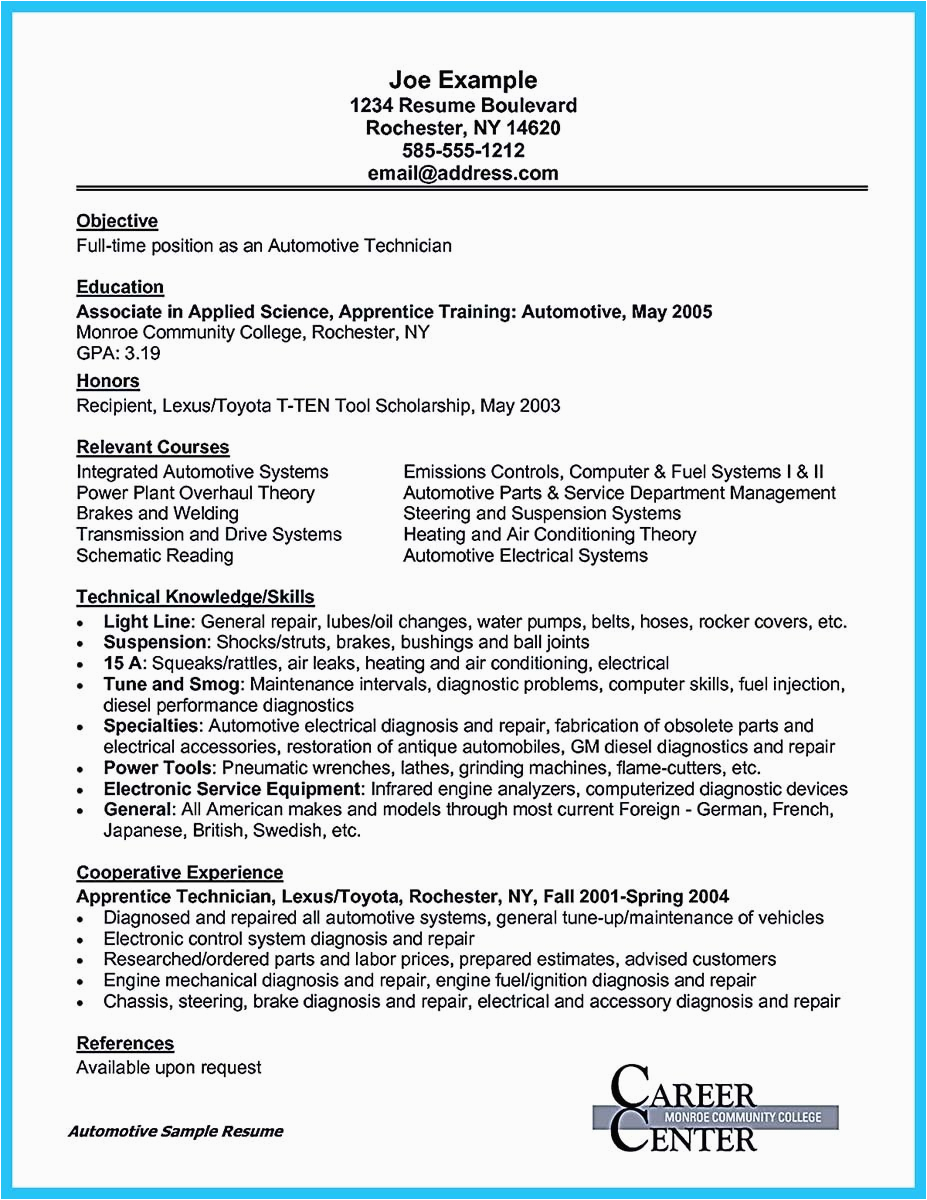 Sample Resume for Entry Level Automotive Technician Writing Your Great Automotive Technician Resume