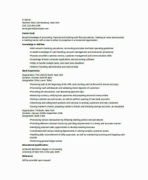 Sample Resume for Entry Level Bank Jobs Banking Resume Samples 48 Free Word Pdf Documents Download