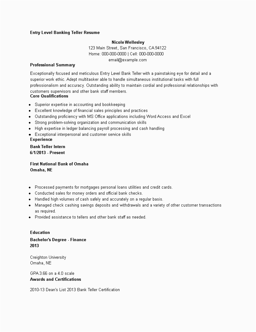 Sample Resume for Entry Level Bank Jobs Entry Level Banking Teller Resume