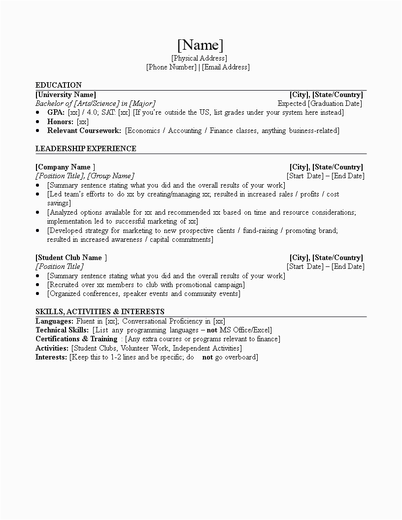 Sample Resume for Entry Level Bank Jobs Entry Level Investment Banking Resume