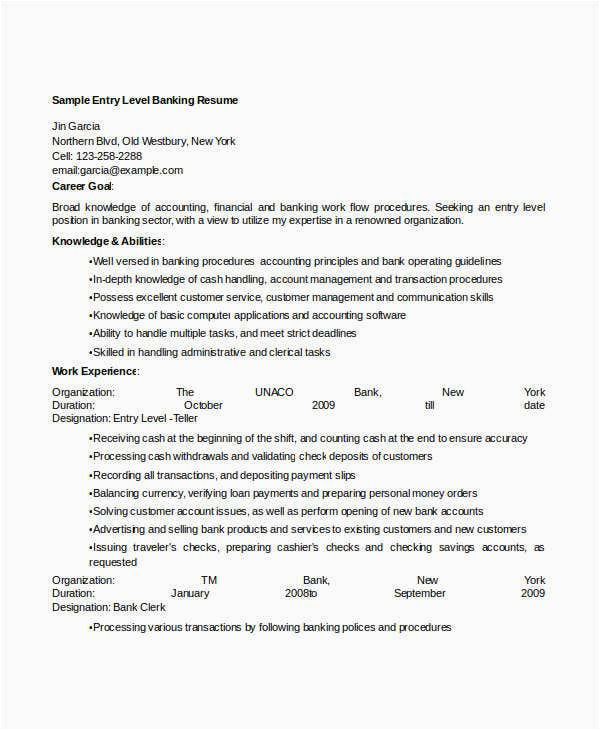 Sample Resume for Entry Level Banking Jobs 14 Banking Resume Templates In Word