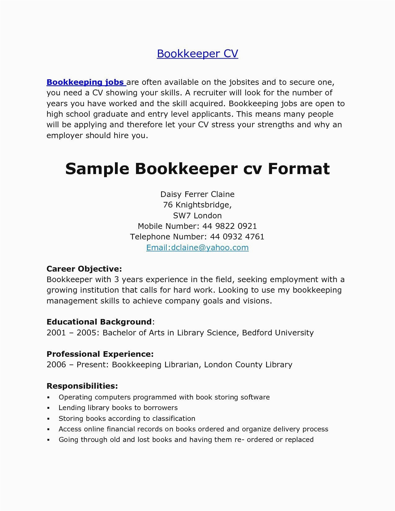 Sample Resume for Entry Level Bookkeeper Entry Level Bookkeeper Resume Sample Best Resume Examples