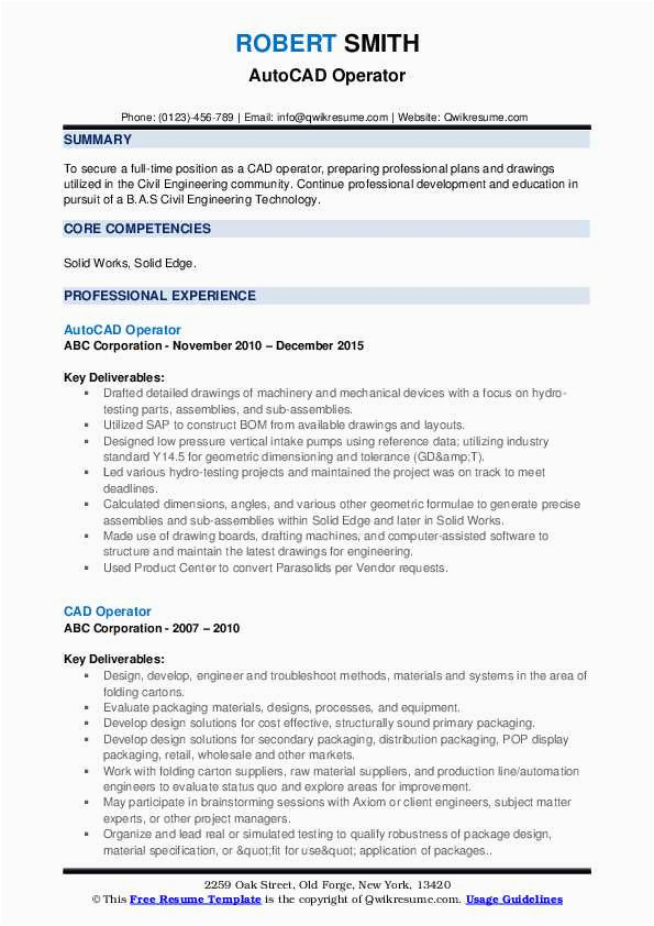 Sample Resume for Entry Level Cad Operator Cad Operator Resume Samples Qwikresume