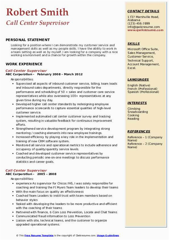 Sample Resume for Entry Level Call Center Resume Call Center Supervisor Resume Samples