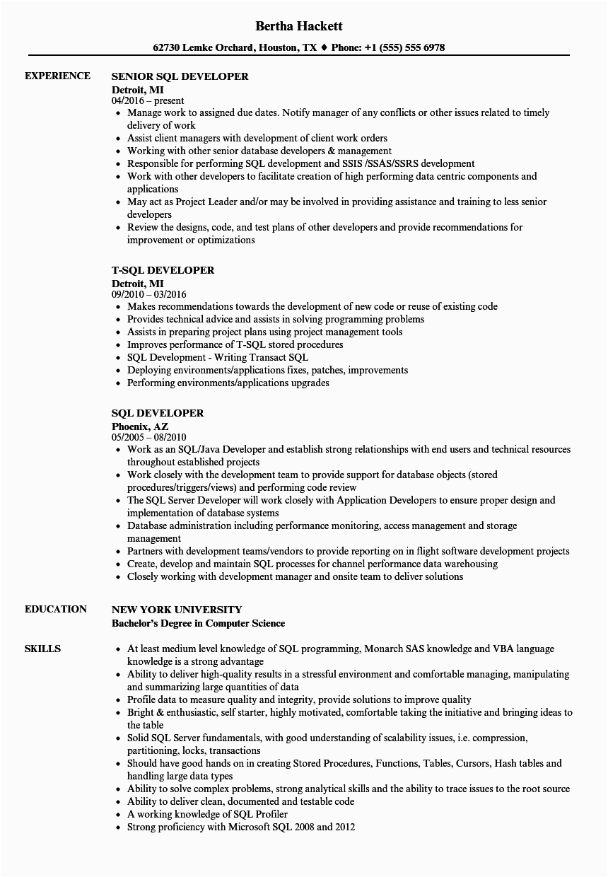 Sample Resume for Experienced Pl Sql Developer Good Resume Template for Sql Developer Addictips
