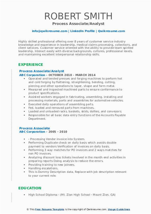 Sample Resume for Experienced Process associate Process associate Resume Samples