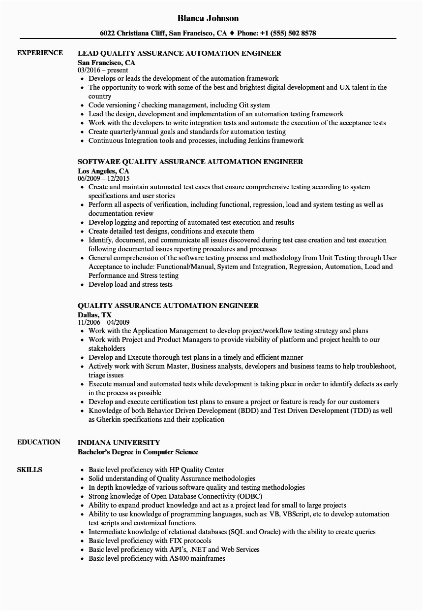 Sample Resume for Experienced Quality assurance Engineer Quality assurance Engineer Resume