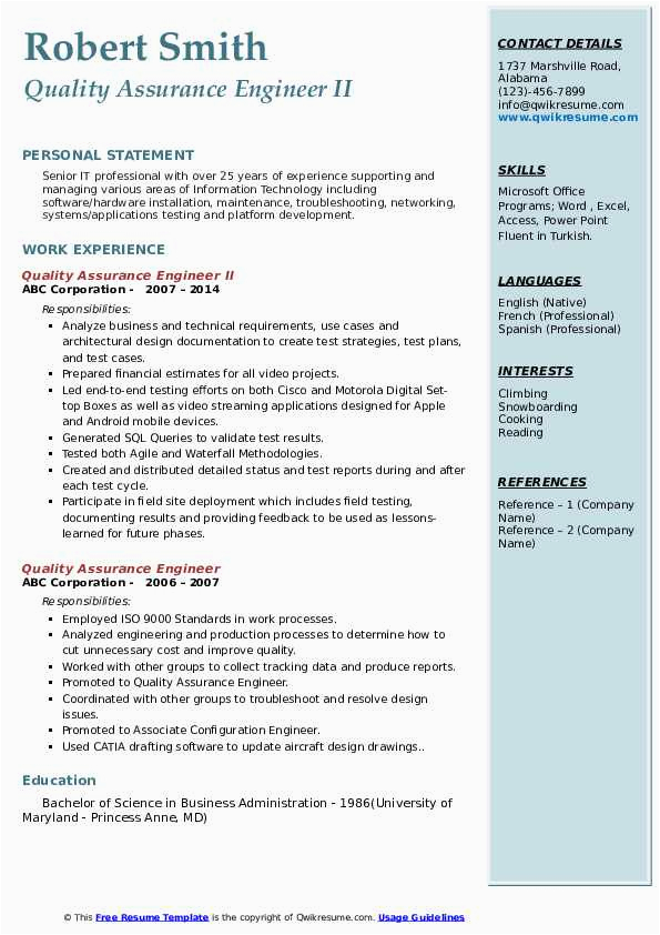 Sample Resume for Experienced Quality assurance Engineer Quality assurance Engineer Resume Samples