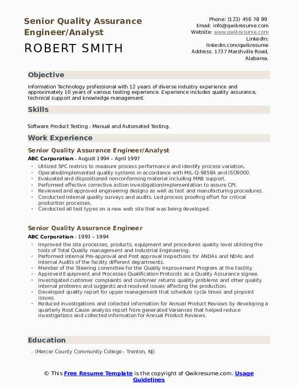 Sample Resume for Experienced Quality assurance Engineer Senior Quality assurance Engineer Resume Samples