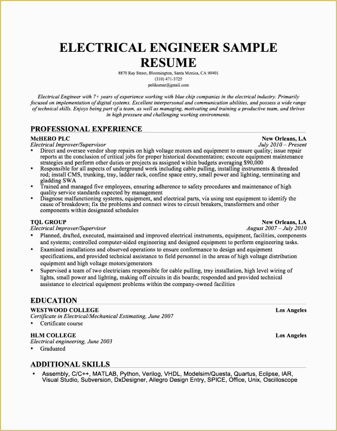 Sample Resume for Fresh Graduate Electrician 8 Electrical Engineering Resume Example Free Samples Examples