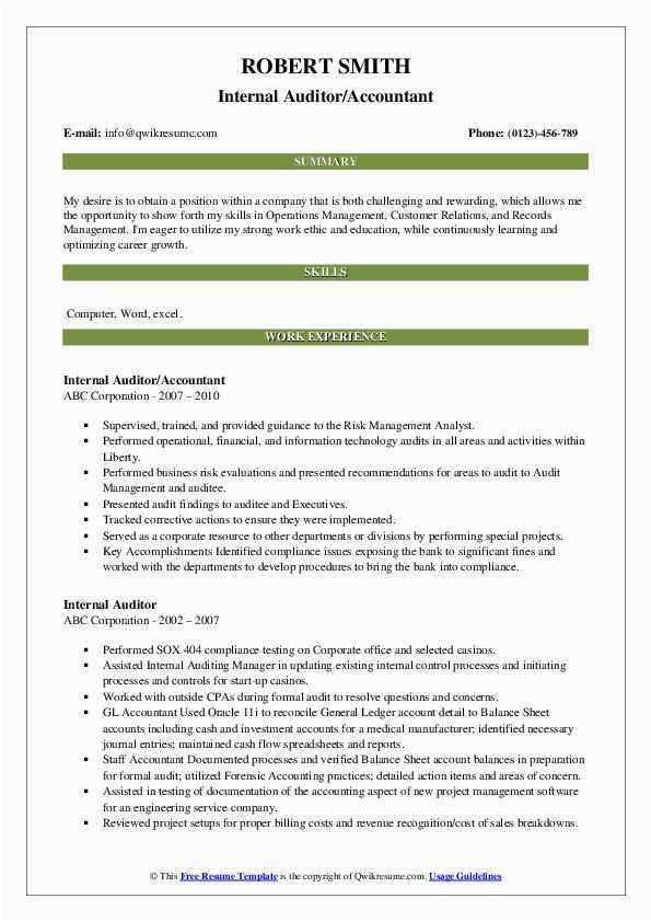 Sample Resume for Internal Audit Position Internal Auditor Resume Samples