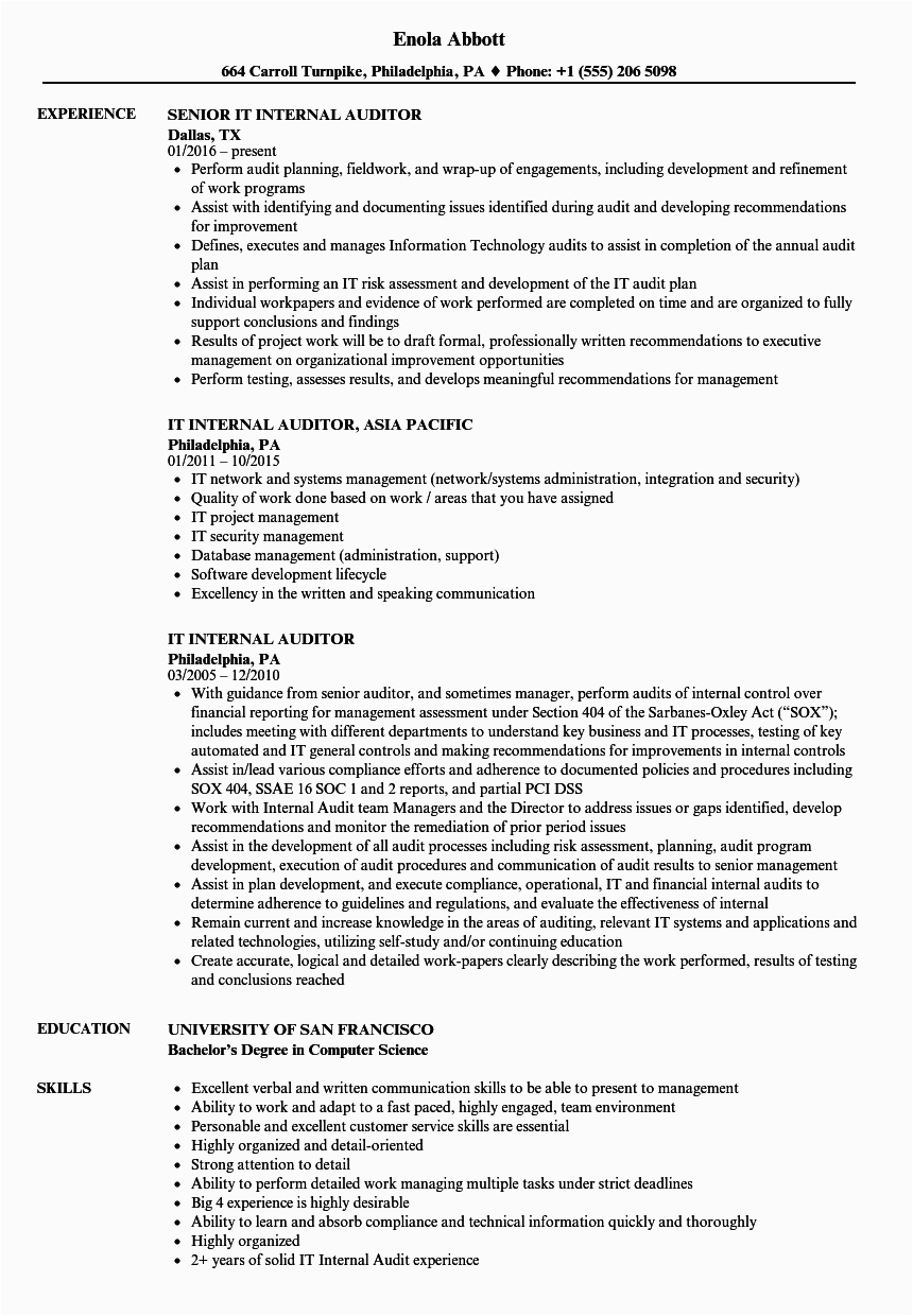 Sample Resume for Internal Audit Position Resume for It Auditor