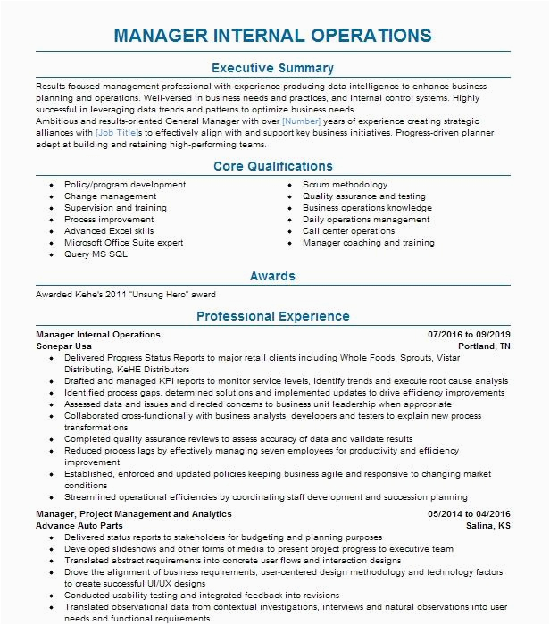 Sample Resume for Internal Job Promotion area Operations Manager Internal Promotion Resume Example Pany