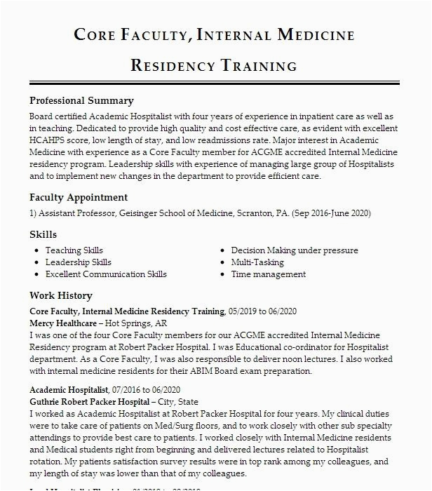 Sample Resume for Internal Medicine Residency Family Medicine Residency Program Chief Resident 2016 17 Resume