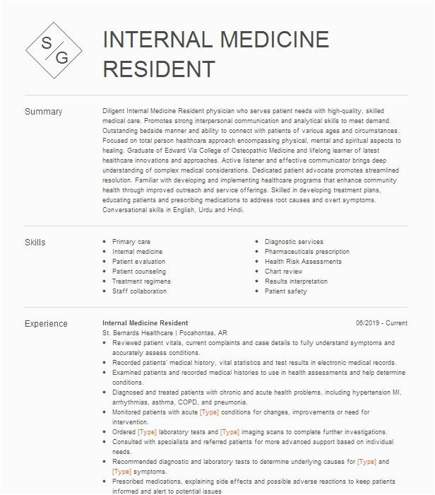 Sample Resume for Internal Medicine Residency Internal Medicine Resident Currently Pgy 3 Resume Example the Brooklyn