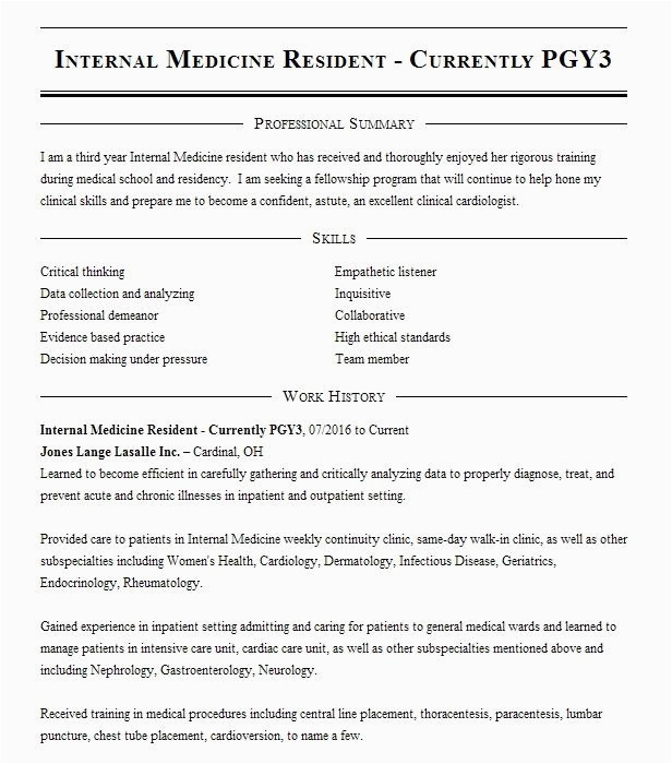 Sample Resume for Internal Medicine Residency Internal Medicine Resident Currently Pgy 3 Resume Example the Brooklyn