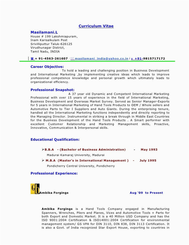 Sample Resume for International Business Management Cv Masilamani International Business Manager