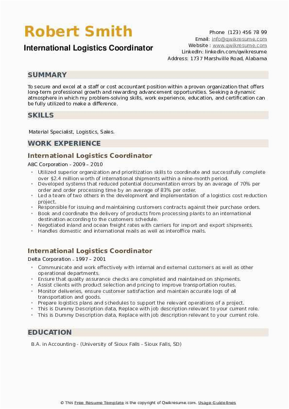 Sample Resume for International Logistics Manager International Logistics Coordinator Resume Samples