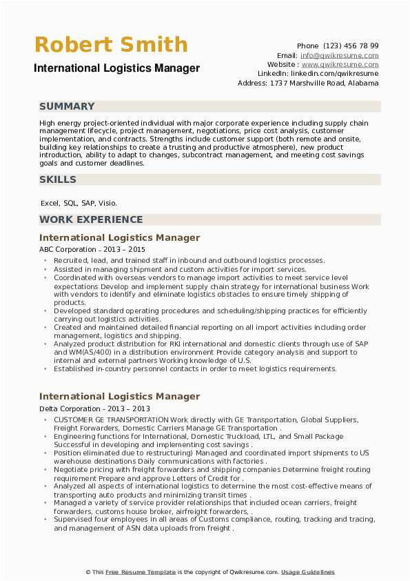 Sample Resume for International Logistics Manager International Logistics Manager Resume Samples