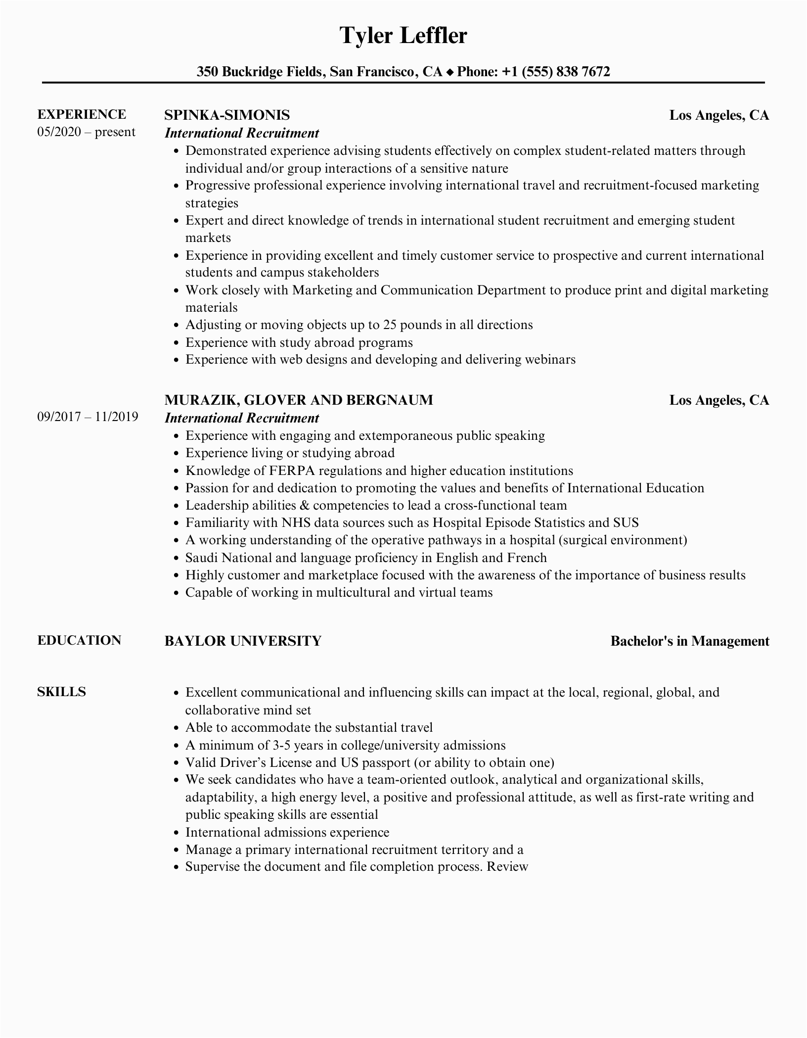 Sample Resume for International Recruiter Position International Recruitment Resume Samples