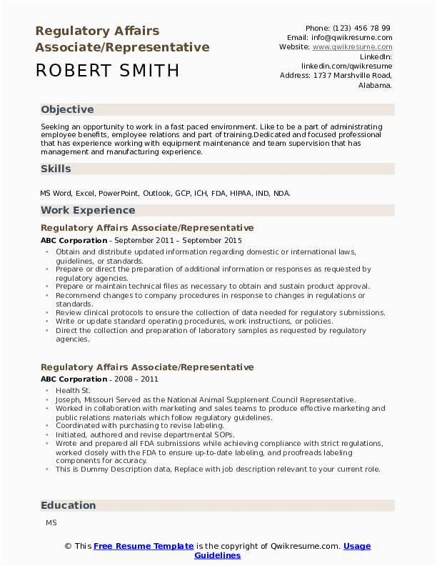 Sample Resume for International Regulatory Affairs associate Regulatory Affairs associate Resume Samples