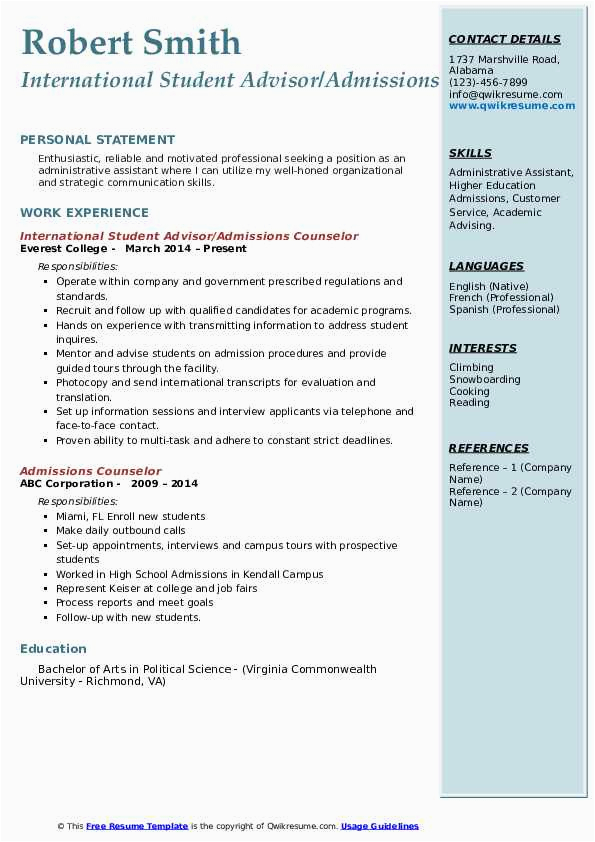 Sample Resume for International Student Advisor Admissions Counselor Resume Samples