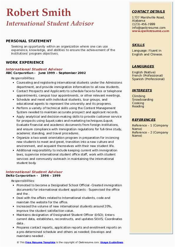 Sample Resume for International Student Advisor International Student Advisor Resume Samples