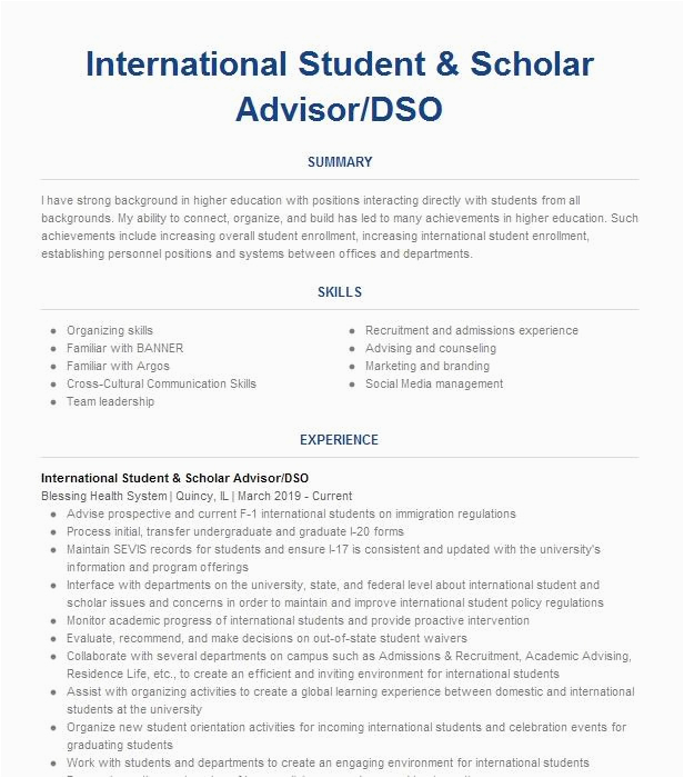 Sample Resume for International Student Advisor International Student Recruiter Resume Example Pany Name