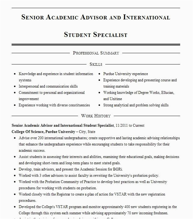 Sample Resume for International Student Advisor Senior Academic Advisor Resume Example George Washington University