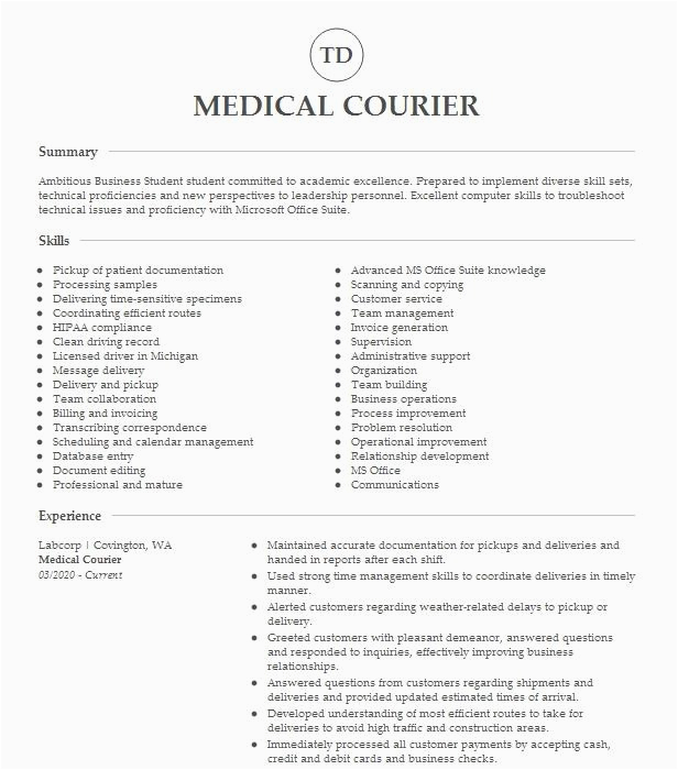Sample Resume for Medical Courier Driver Medical Courier Resume Example Delta Pathology Llc Shreveport Louisiana