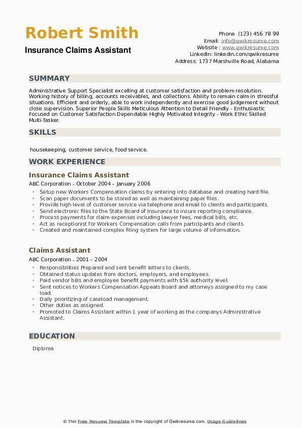 Sample Resume for Medical Insurance assistant Claims assistant Resume Samples