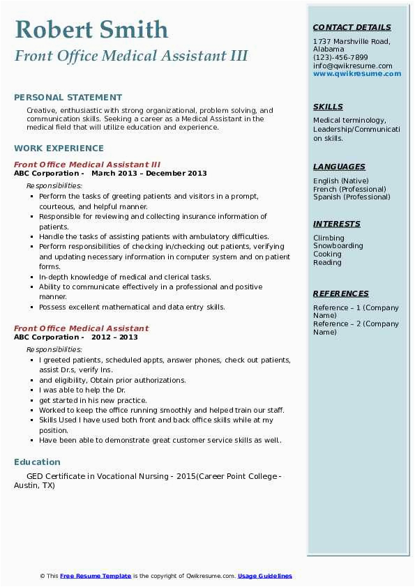 Sample Resume for Medical Insurance assistant Front Fice Medical assistant Resume Samples